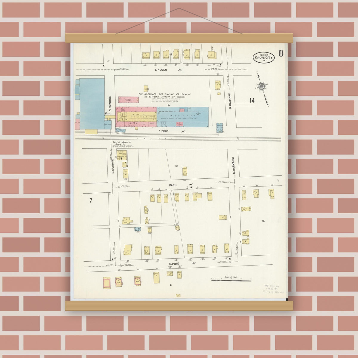 Old map wall art mockup — magnetic wood frame on brick wall — Sanborn Fire Insurance Map from Grove City, Mercer County, Pennsylvania (1912), Sheet #0008