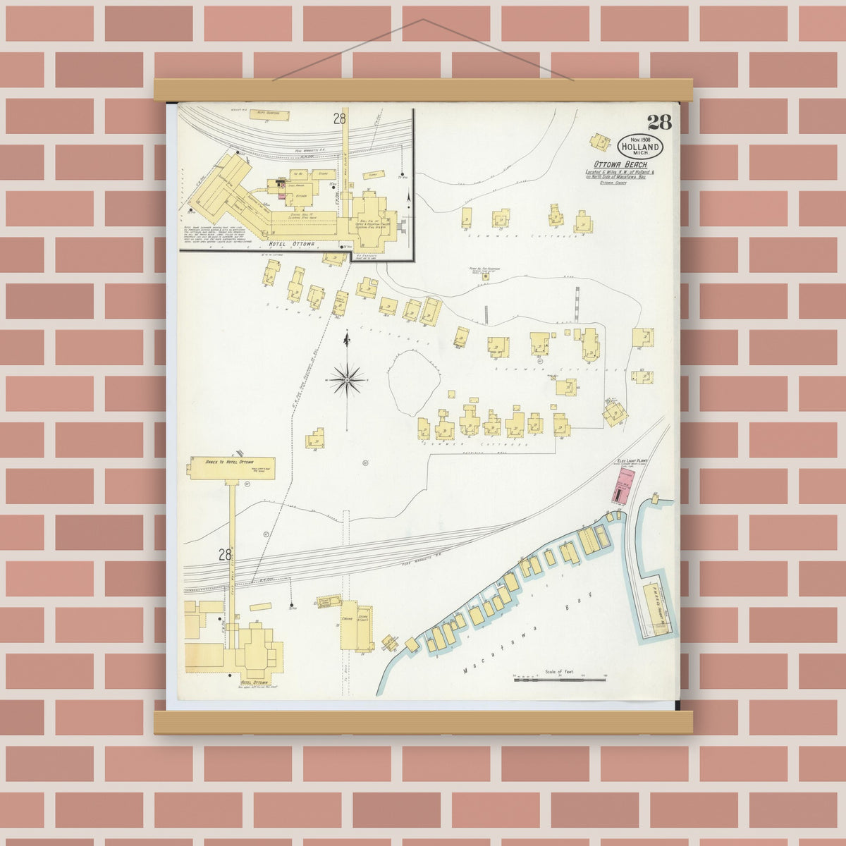 Old map wall art mockup — magnetic wood frame on brick wall — Sanborn Fire Insurance Map from Holland, Ottawa County, Michigan (1908), Sheet #0028