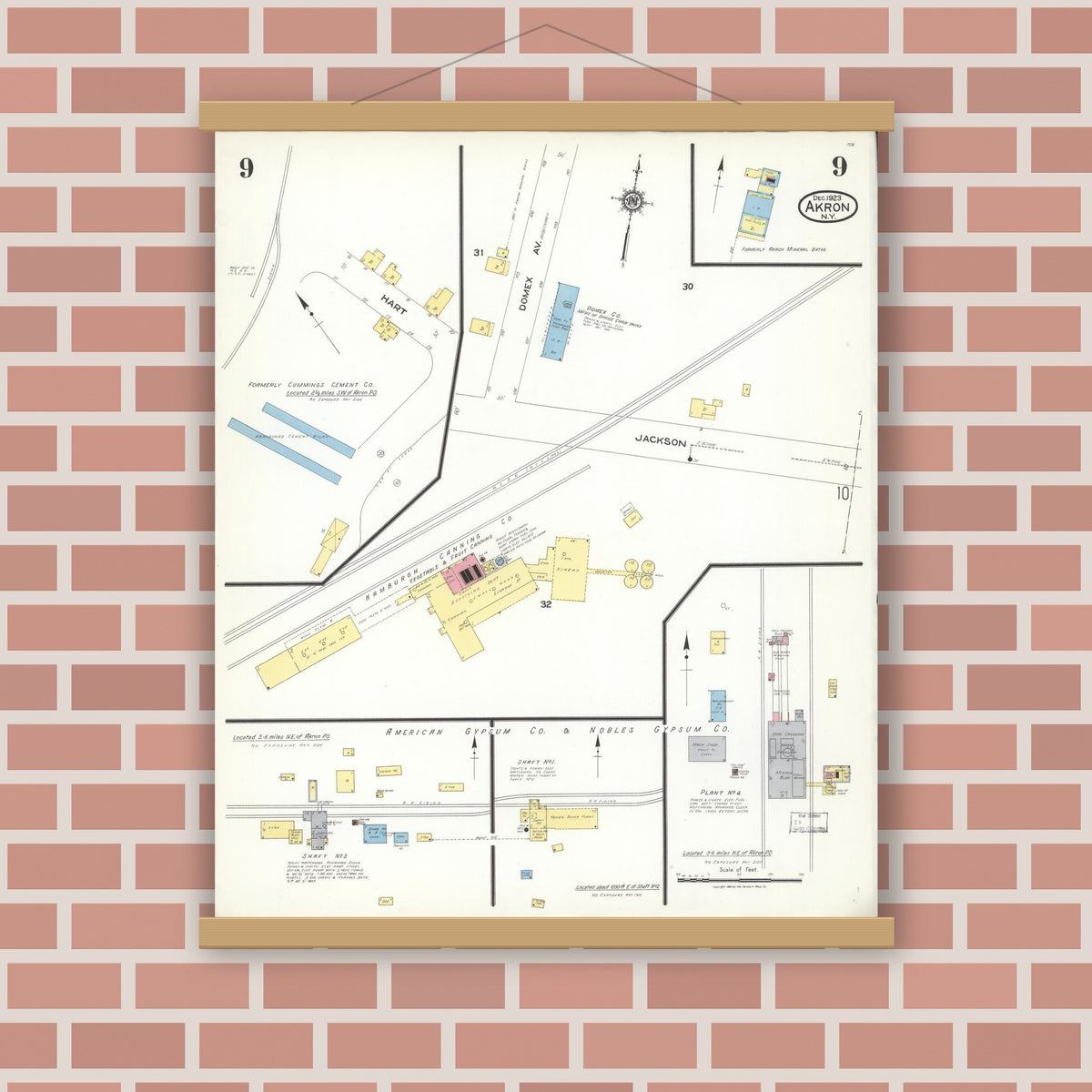 Old map wall art mockup — magnetic wood frame on brick wall — Sanborn Fire Insurance Map from Akron, Erie County, New York (1923), Sheet #0009