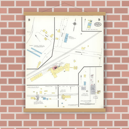 Old map wall art mockup — magnetic wood frame on brick wall — Sanborn Fire Insurance Map from Akron, Erie County, New York (1923), Sheet #0009