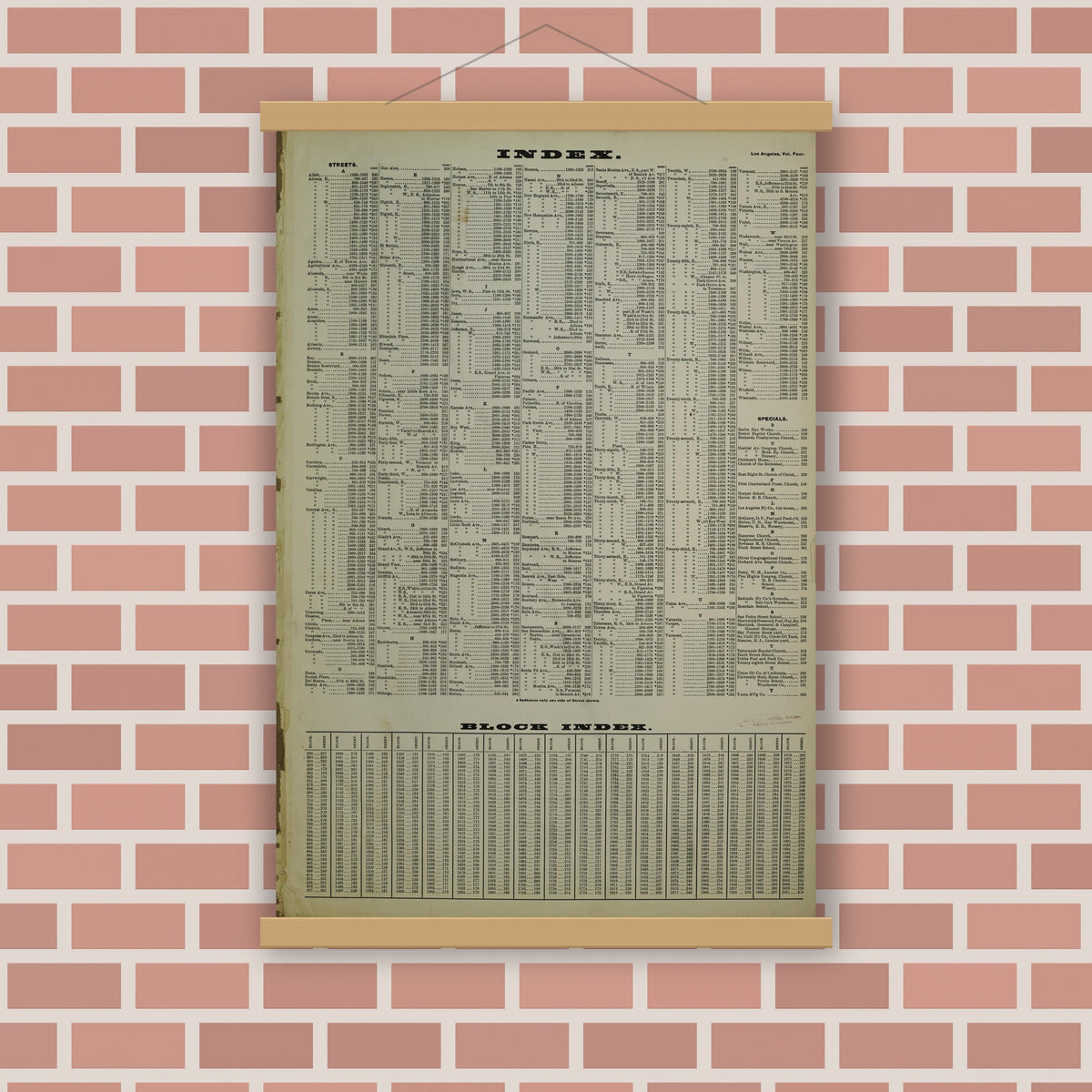 Old map wall art mockup — magnetic wood frame on brick wall — Sanborn Fire Insurance Map from Los Angeles, Los Angeles County, California (1900), Sheet #0001