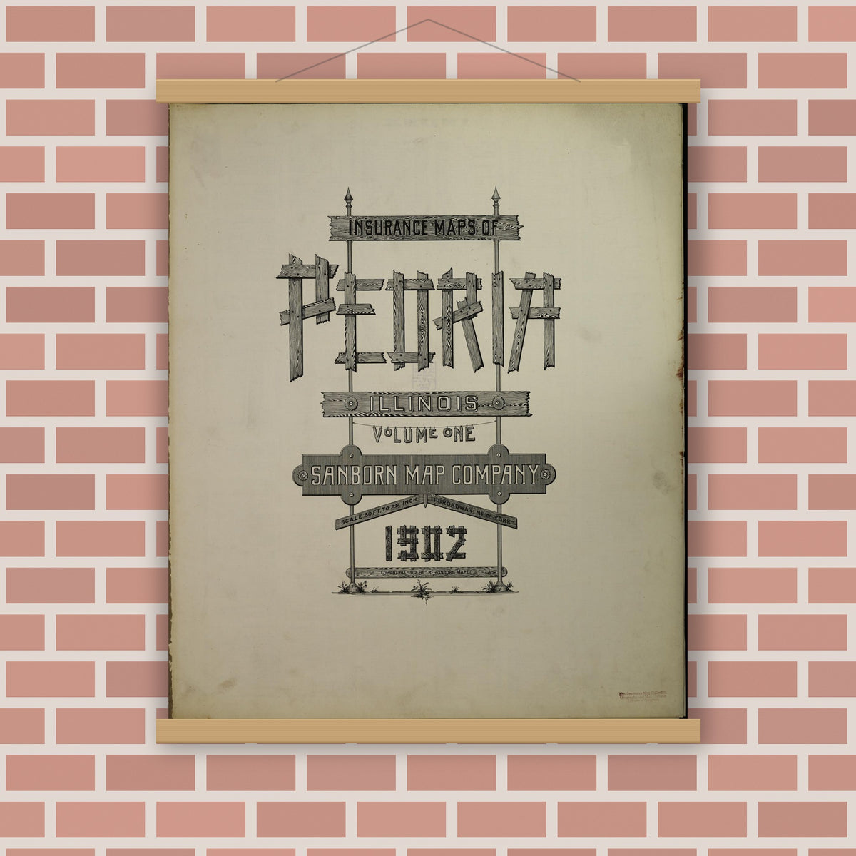 Old map wall art mockup — magnetic wood frame on brick wall — Sanborn Fire Insurance Map from Peoria, Peoria County, Illinois (1902), Sheet #0001