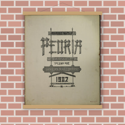 Old map wall art mockup — magnetic wood frame on brick wall — Sanborn Fire Insurance Map from Peoria, Peoria County, Illinois (1902), Sheet #0001