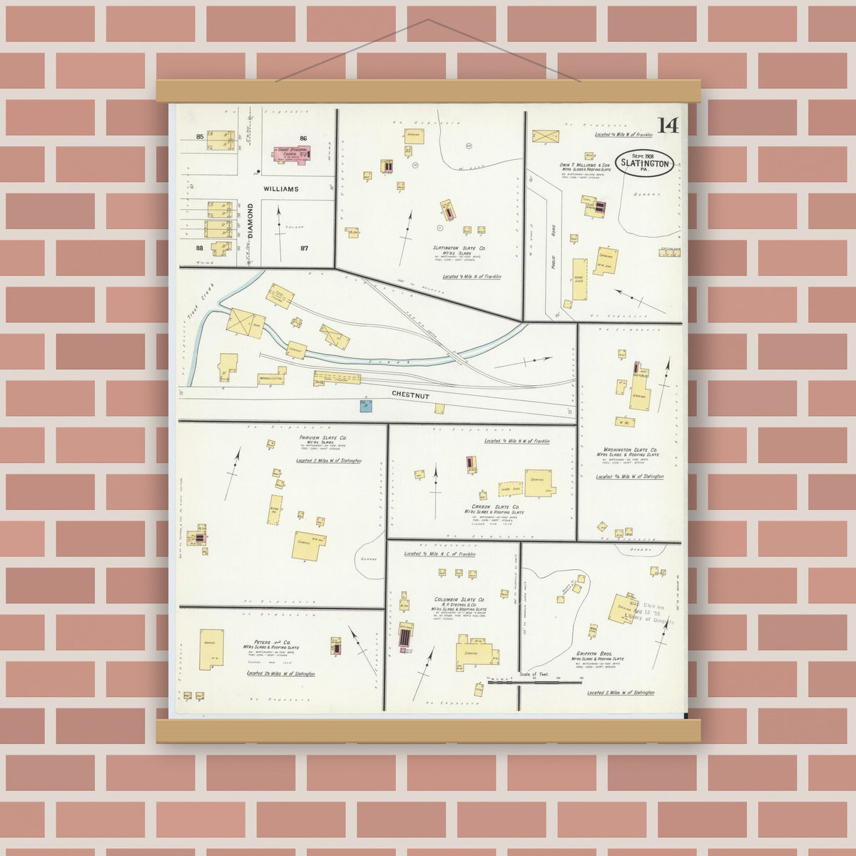 Old map wall art mockup — magnetic wood frame on brick wall — Sanborn Fire Insurance Map from Slatington, Lehigh County, Pennsylvania (1908), Sheet #0014