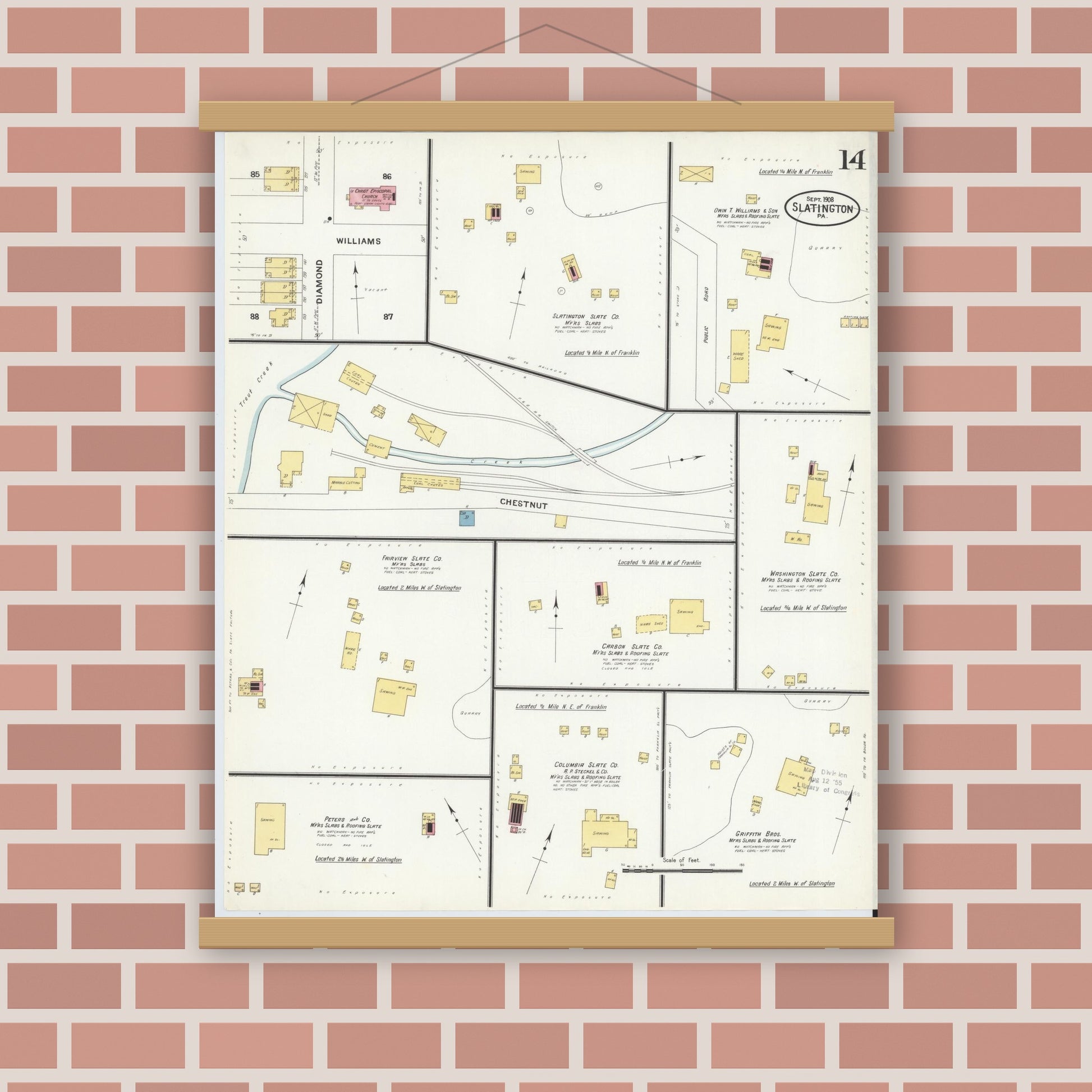 Old map wall art mockup — magnetic wood frame on brick wall — Sanborn Fire Insurance Map from Slatington, Lehigh County, Pennsylvania (1908), Sheet #0014