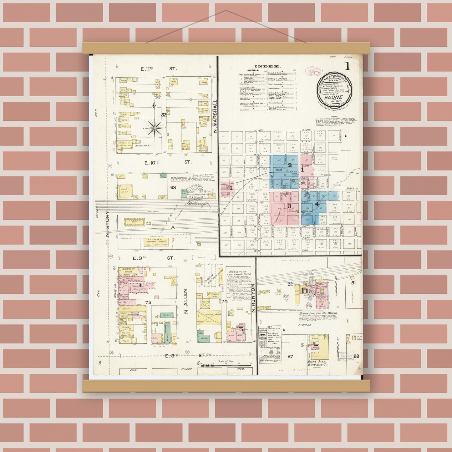 Old map wall art mockup — magnetic wood frame on brick wall — Sanborn Fire Insurance Map from Boone, Boone County, Iowa (1888) â€” Complete Set