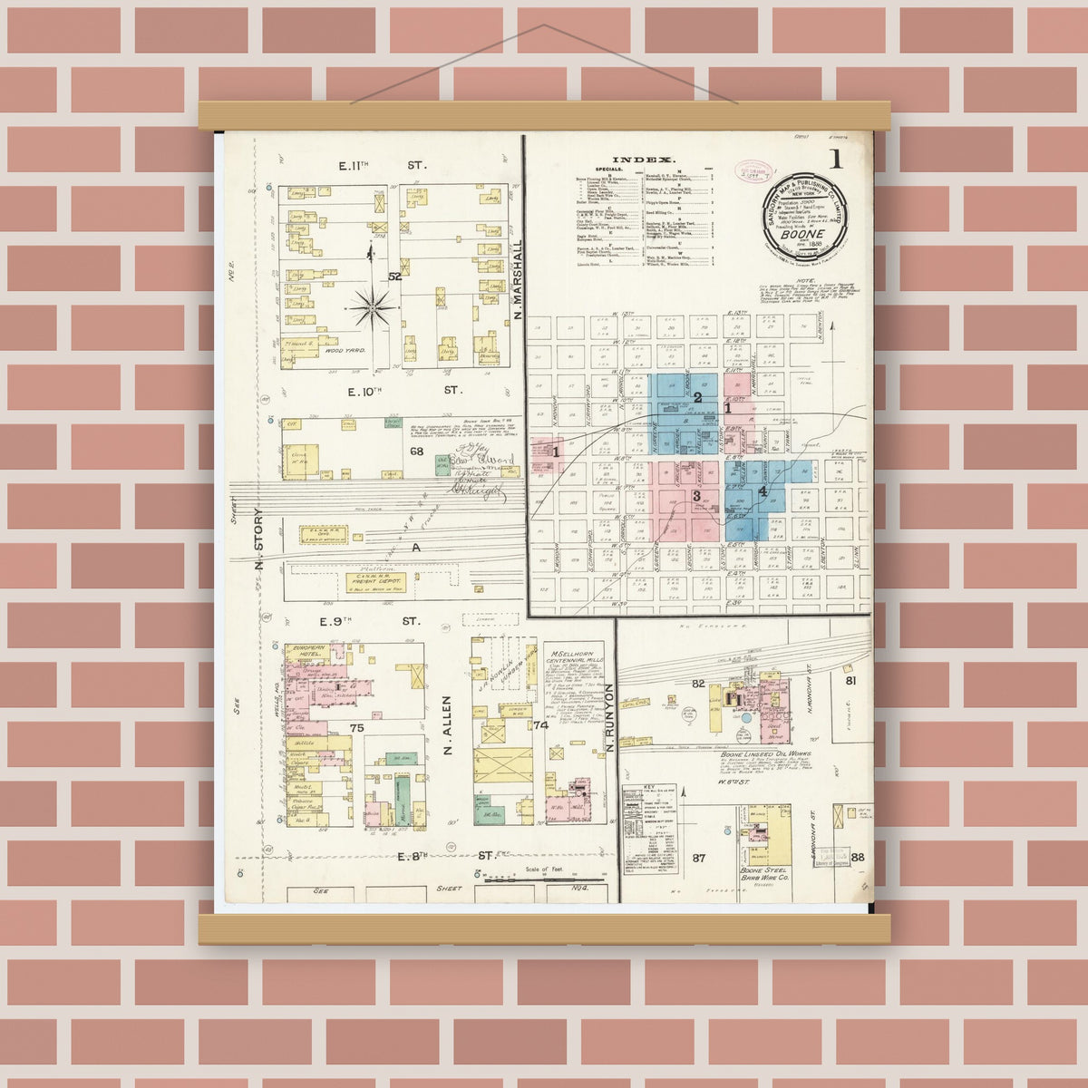 Old map wall art mockup — magnetic wood frame on brick wall — Sanborn Fire Insurance Map from Boone, Boone County, Iowa (1888) â€” Complete Set