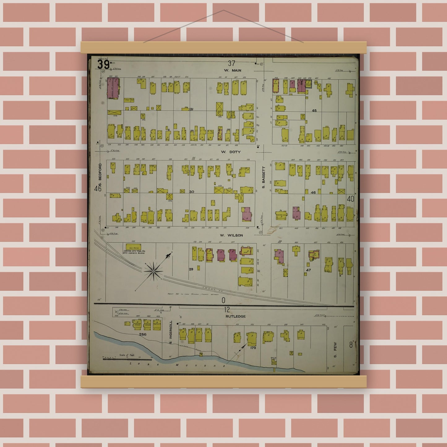 Old map wall art mockup — magnetic wood frame on brick wall — Sanborn Fire Insurance Map from Madison, Dane County, Wisconsin (1908), Sheet #0039
