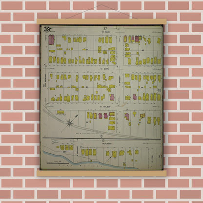 Old map wall art mockup — magnetic wood frame on brick wall — Sanborn Fire Insurance Map from Madison, Dane County, Wisconsin (1908), Sheet #0039