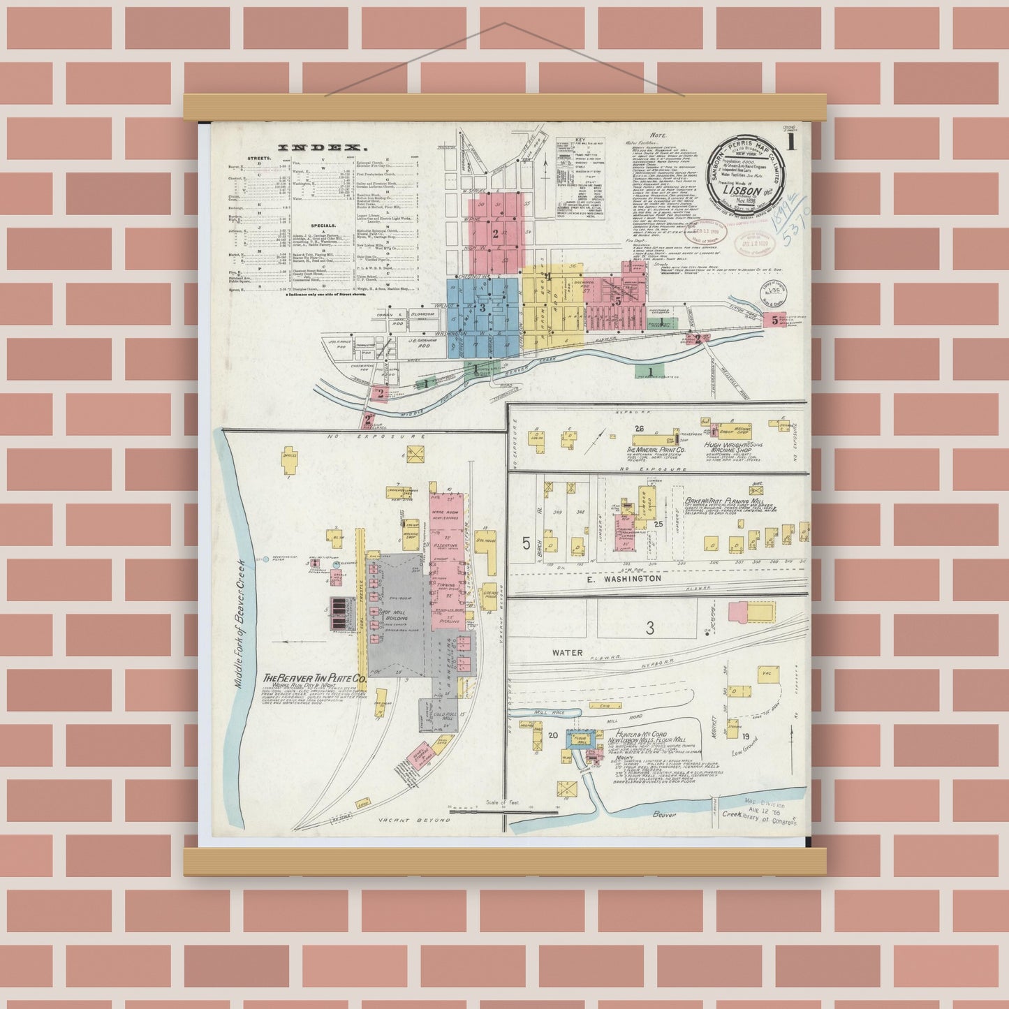 Old map wall art mockup — magnetic wood frame on brick wall — Sanborn Fire Insurance Map from Lisbon, Columbiana County, Ohio (1898) - Complete Map Set