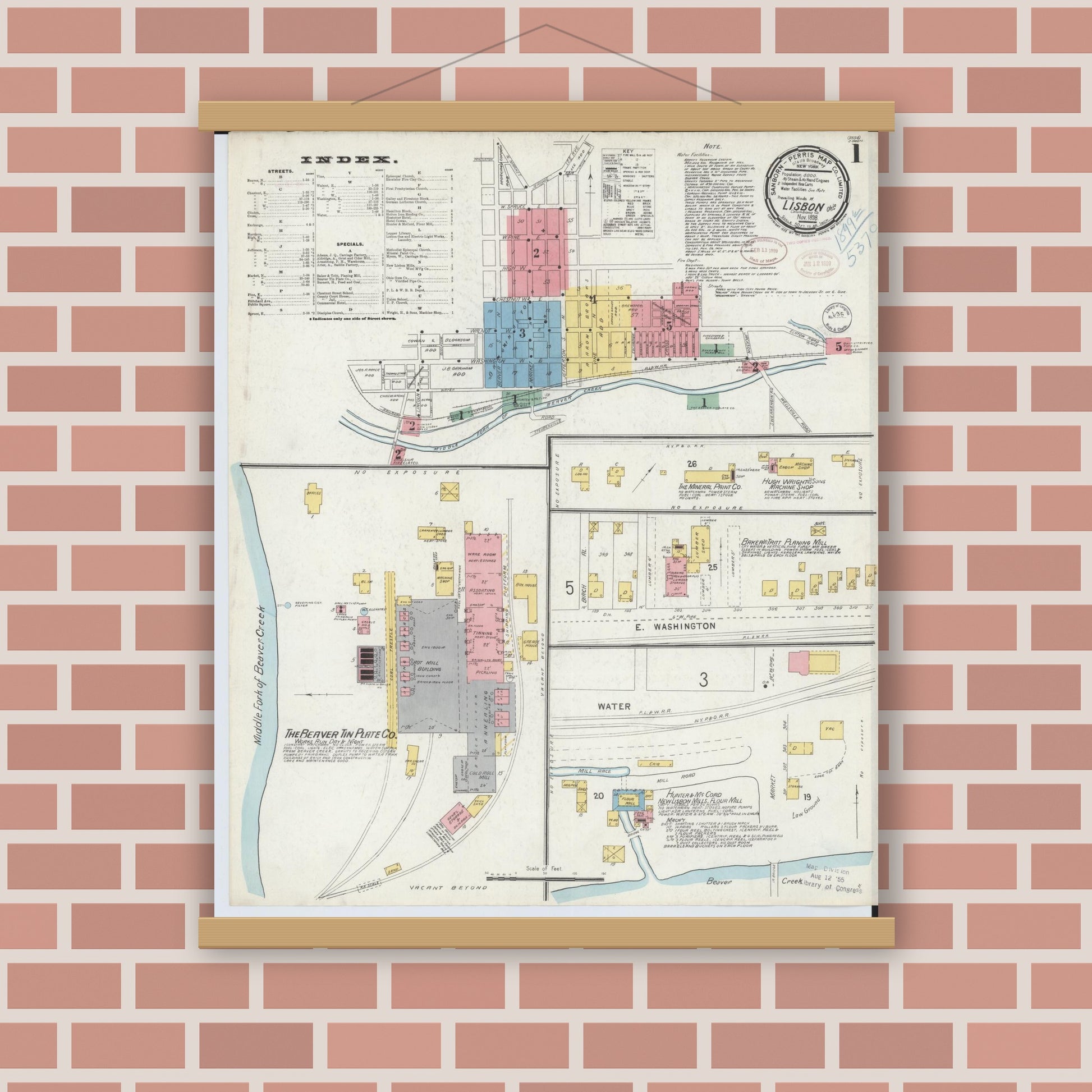 Old map wall art mockup — magnetic wood frame on brick wall — Sanborn Fire Insurance Map from Lisbon, Columbiana County, Ohio (1898) - Complete Map Set