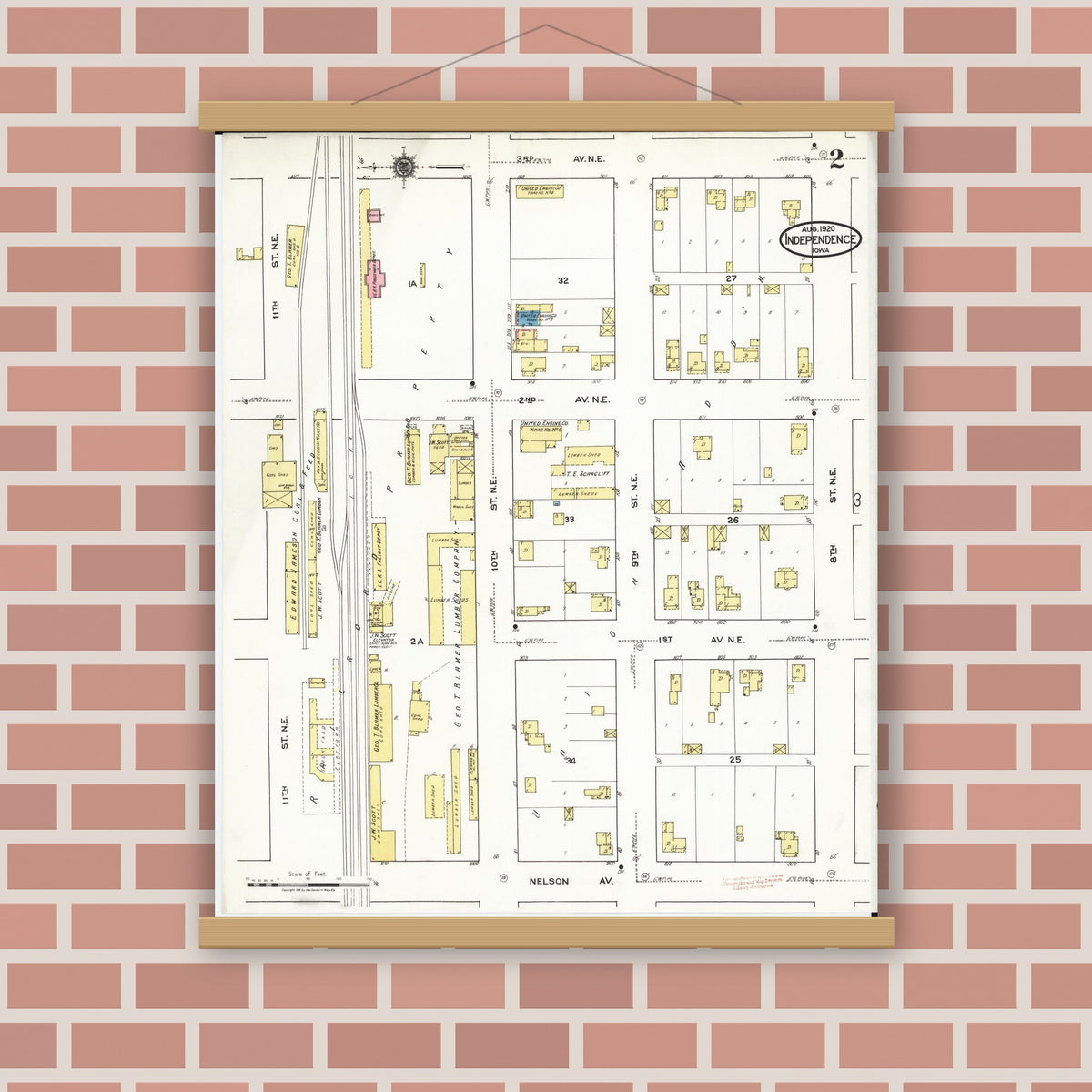 Old map wall art mockup — magnetic wood frame on brick wall — Sanborn Fire Insurance Map from Independence, Buchanan County, Iowa (1920), Sheet #0002