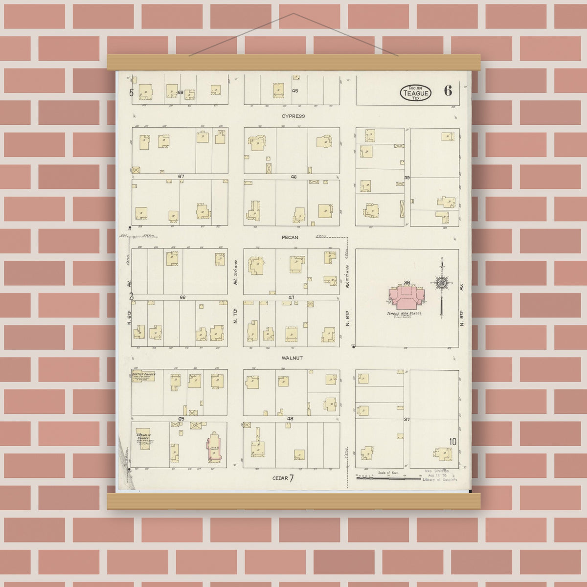 Old map wall art mockup — magnetic wood frame on brick wall — Sanborn Fire Insurance Map from Teague, Freestone County, Texas (1914), Sheet #0006