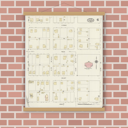 Old map wall art mockup — magnetic wood frame on brick wall — Sanborn Fire Insurance Map from Teague, Freestone County, Texas (1914), Sheet #0006