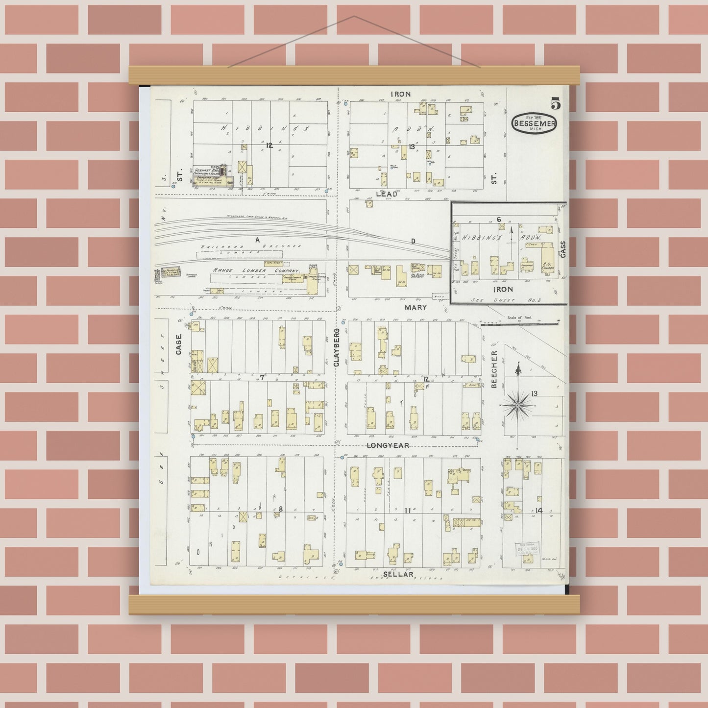 Old map wall art mockup — magnetic wood frame on brick wall — Sanborn Fire Insurance Map from Bessemer, Gogebic County, Michigan (1891), Sheet #0005