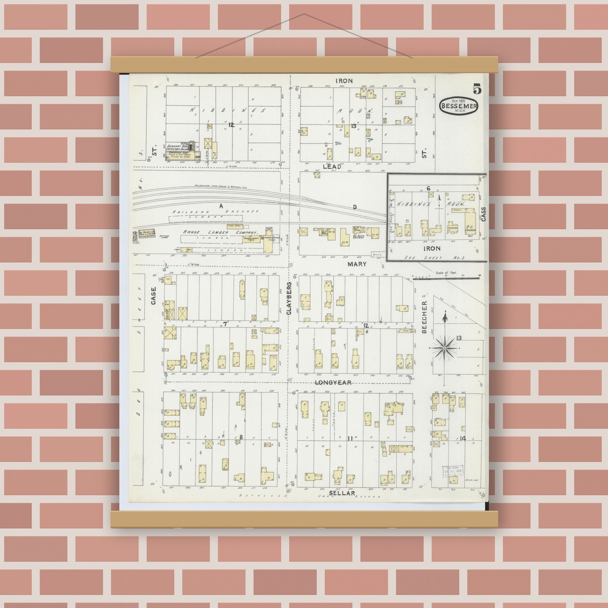 Old map wall art mockup — magnetic wood frame on brick wall — Sanborn Fire Insurance Map from Bessemer, Gogebic County, Michigan (1891), Sheet #0005