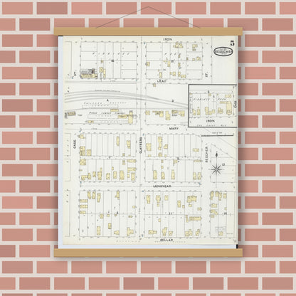 Old map wall art mockup — magnetic wood frame on brick wall — Sanborn Fire Insurance Map from Bessemer, Gogebic County, Michigan (1891), Sheet #0005