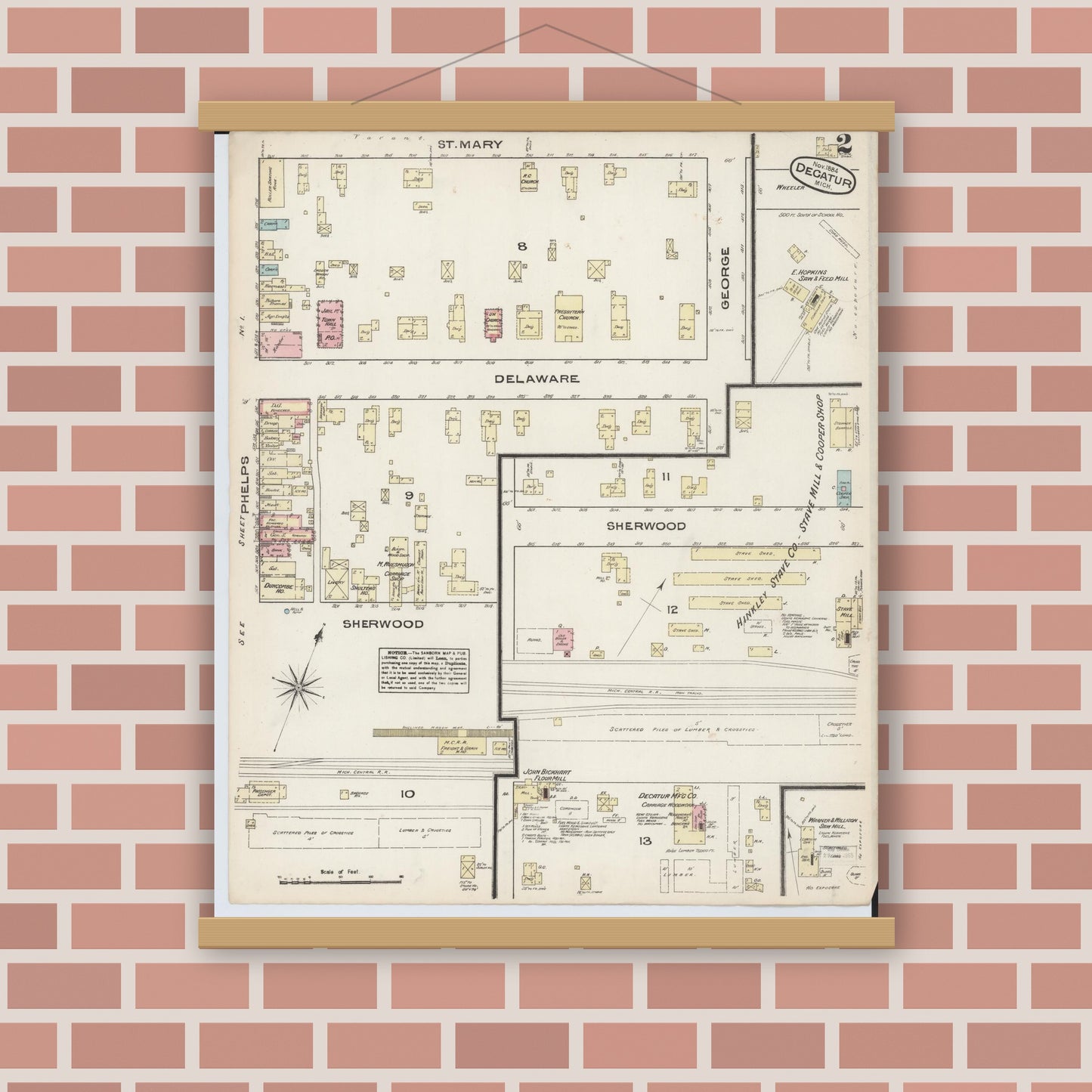 Old map wall art mockup — magnetic wood frame on brick wall — Sanborn Fire Insurance Map from Decatur, Van Buren County, Michigan (1884), Sheet #0002
