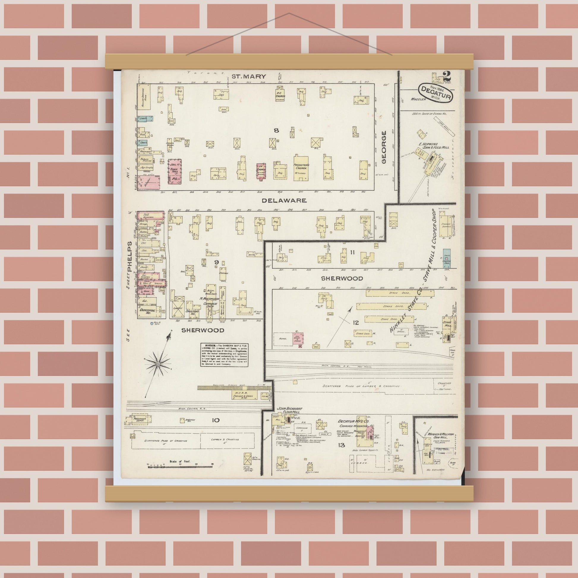 Old map wall art mockup — magnetic wood frame on brick wall — Sanborn Fire Insurance Map from Decatur, Van Buren County, Michigan (1884), Sheet #0002
