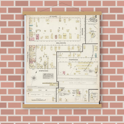 Old map wall art mockup — magnetic wood frame on brick wall — Sanborn Fire Insurance Map from Decatur, Van Buren County, Michigan (1884), Sheet #0002