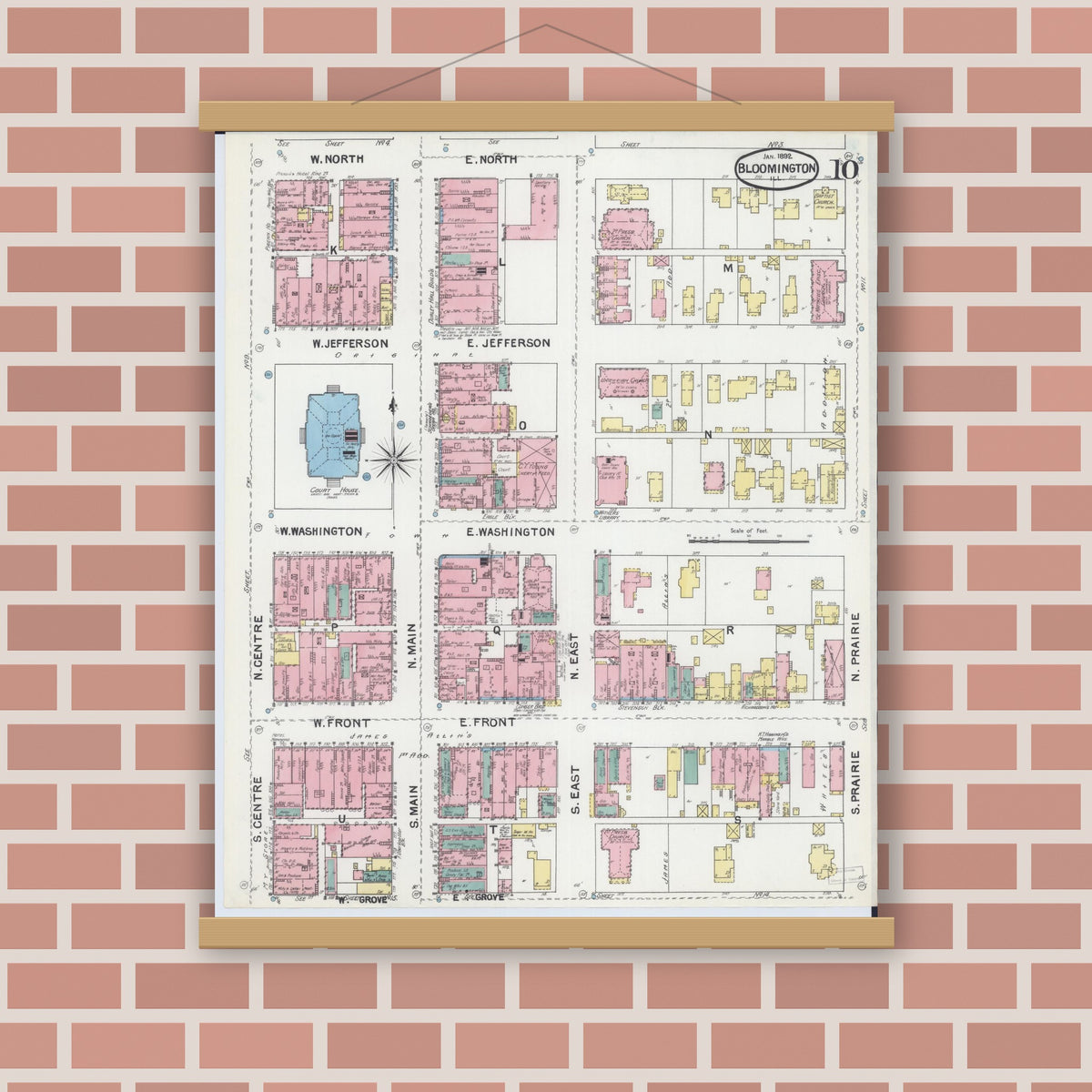 Old map wall art mockup — magnetic wood frame on brick wall — Sanborn Fire Insurance Map from Bloomington, McLean County, Illinois (1892), Sheet #0010