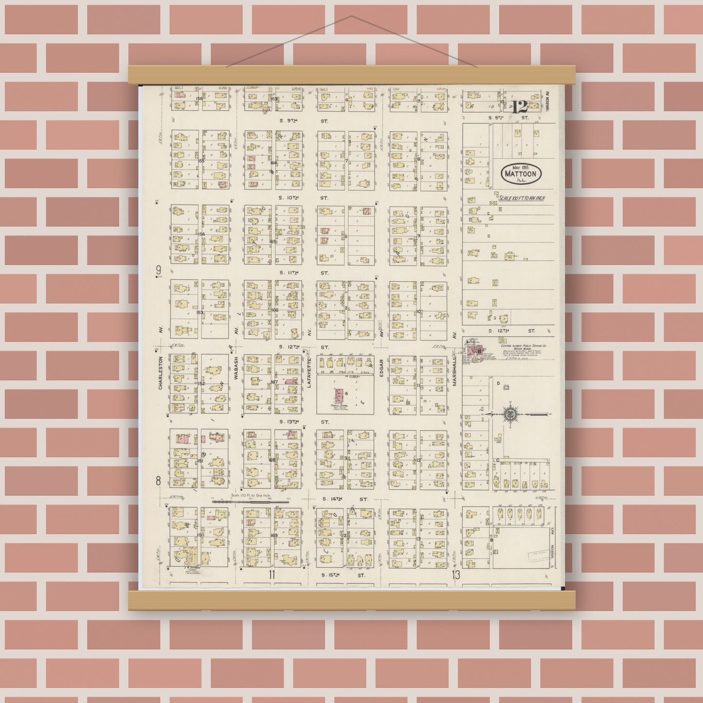 Old map wall art mockup — magnetic wood frame on brick wall — Sanborn Fire Insurance Map from Mattoon, Coles County, Illinois (1915), Sheet #0012