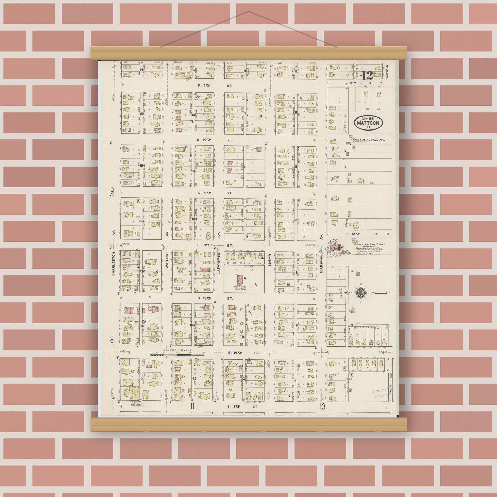 Old map wall art mockup — magnetic wood frame on brick wall — Sanborn Fire Insurance Map from Mattoon, Coles County, Illinois (1915), Sheet #0012