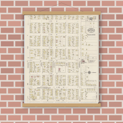 Old map wall art mockup — magnetic wood frame on brick wall — Sanborn Fire Insurance Map from Mattoon, Coles County, Illinois (1915), Sheet #0012