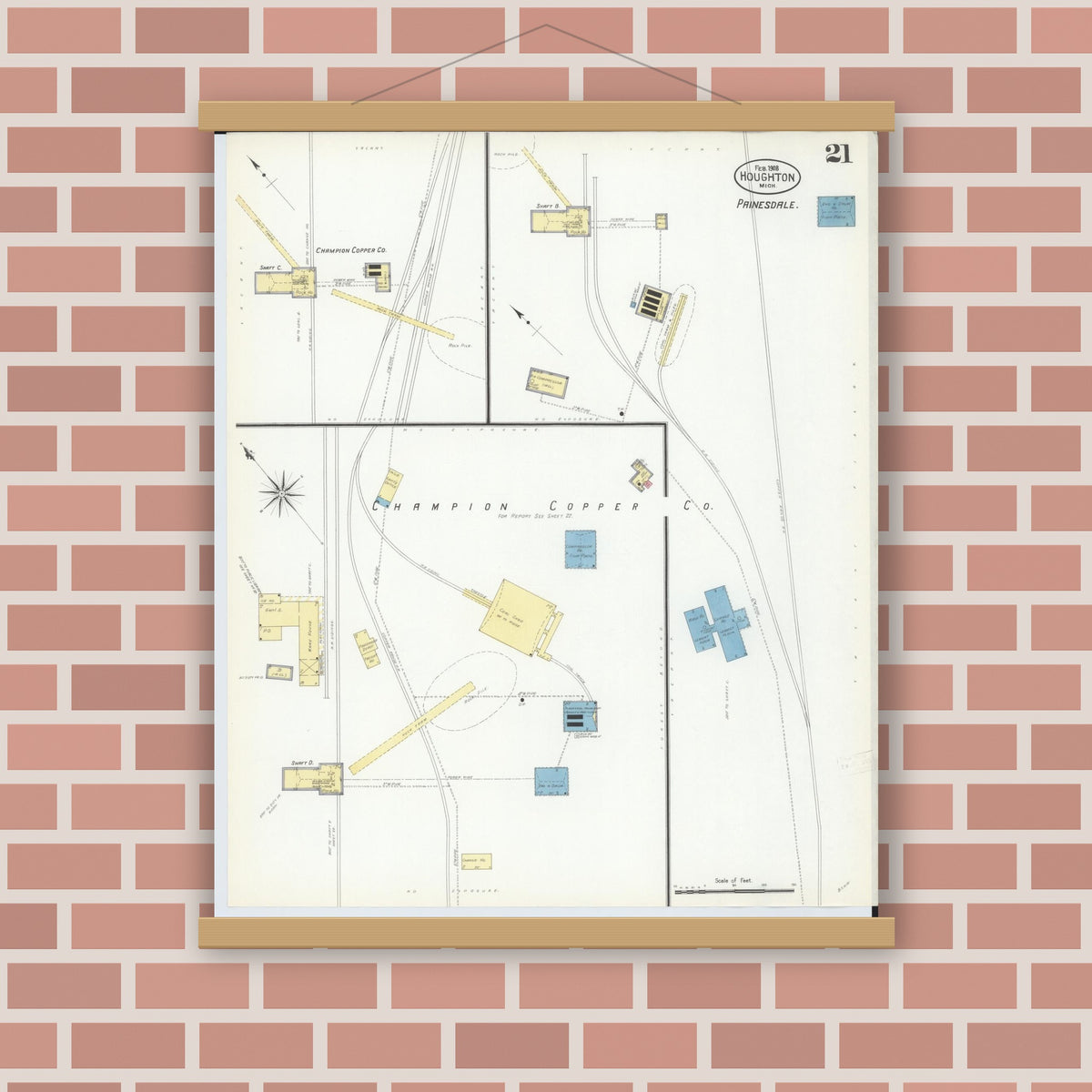 Old map wall art mockup — magnetic wood frame on brick wall — Sanborn Fire Insurance Map from Houghton, Houghton County, Michigan (1908), Sheet #0021