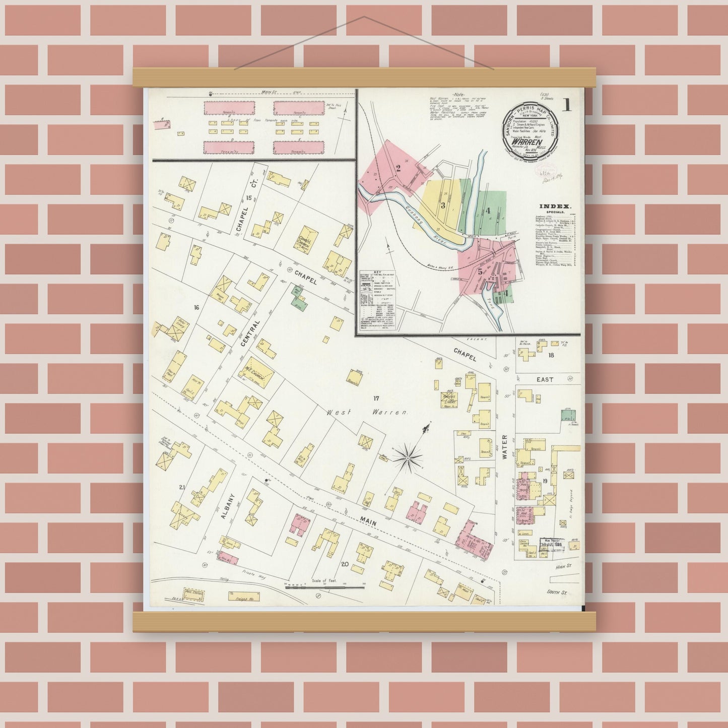 Old map wall art mockup — magnetic wood frame on brick wall — Sanborn Fire Insurance Map from Warren, Worcester County, Massachusetts (1896) - Complete Map Set