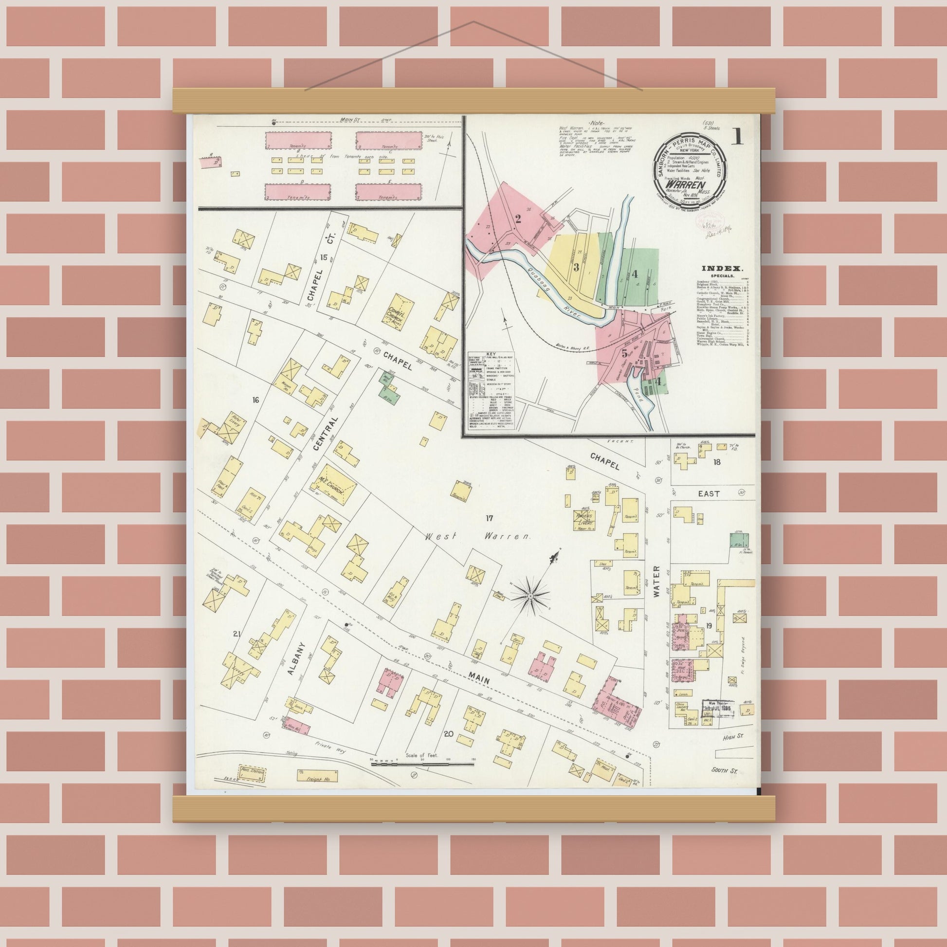 Old map wall art mockup — magnetic wood frame on brick wall — Sanborn Fire Insurance Map from Warren, Worcester County, Massachusetts (1896) - Complete Map Set