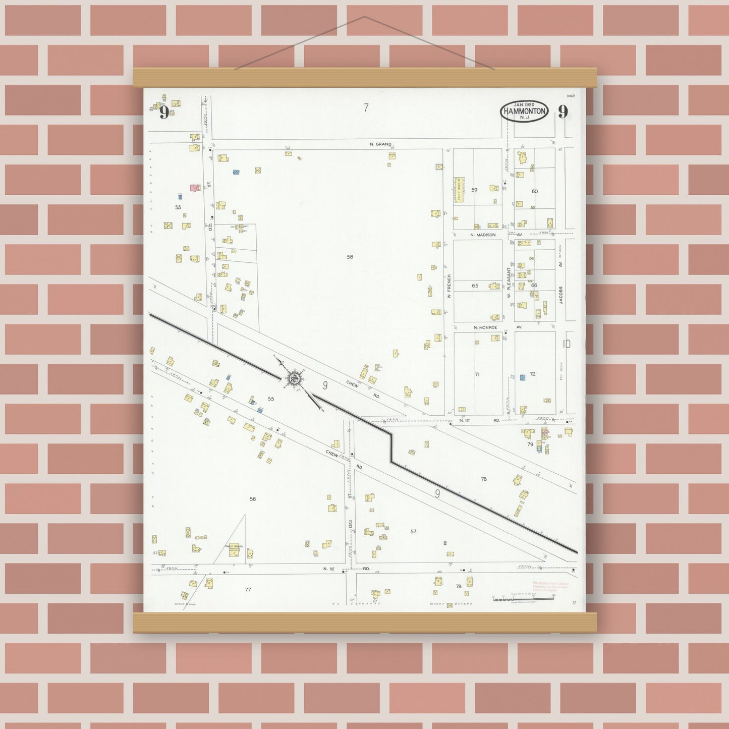 Old map wall art mockup — magnetic wood frame on brick wall — Sanborn Fire Insurance Map from Hammonton, Atlantic County, New Jersey (1930), Sheet #0009
