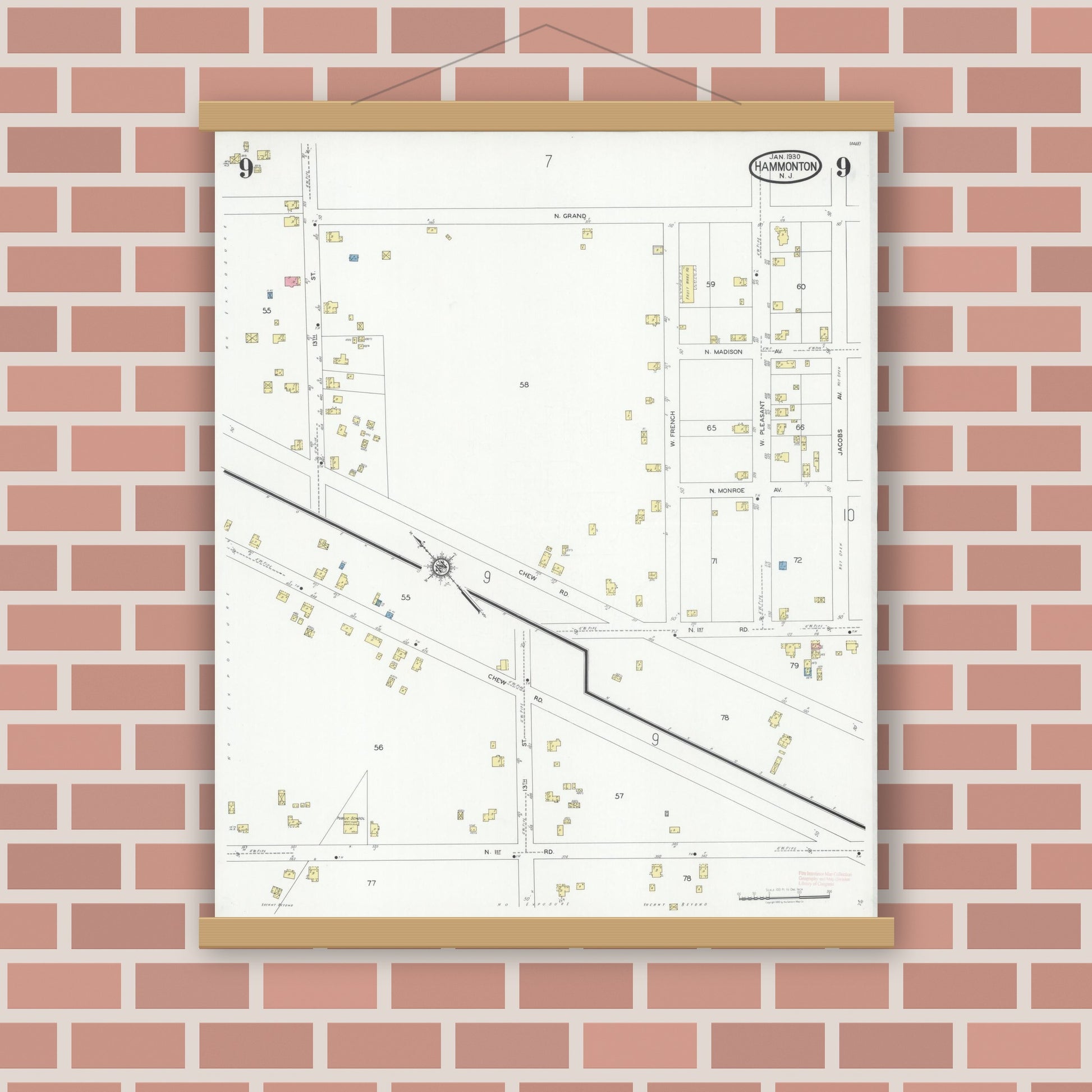 Old map wall art mockup — magnetic wood frame on brick wall — Sanborn Fire Insurance Map from Hammonton, Atlantic County, New Jersey (1930), Sheet #0009