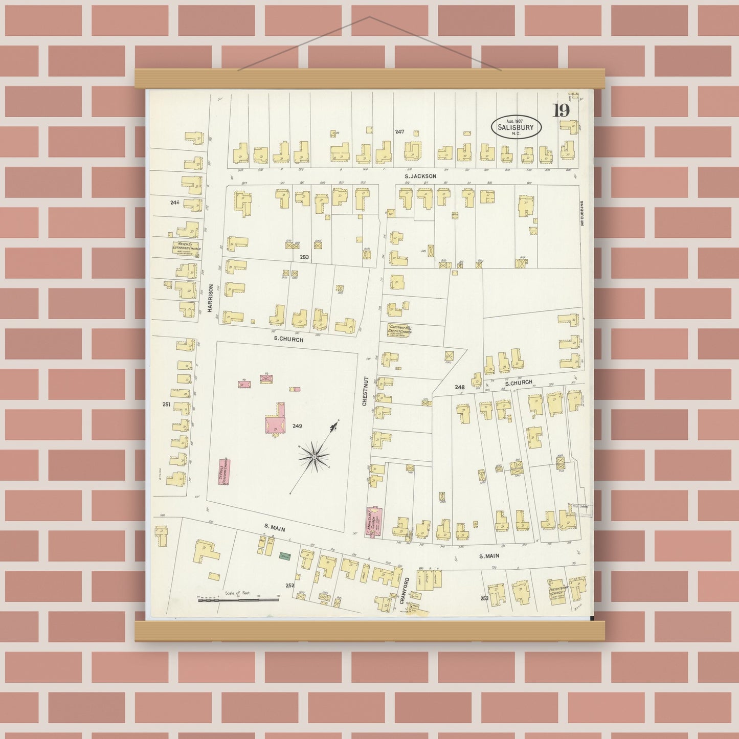 Old map wall art mockup — magnetic wood frame on brick wall — Sanborn Fire Insurance Map from Salisbury, Rowan County, North Carolina (1907), Sheet #0019