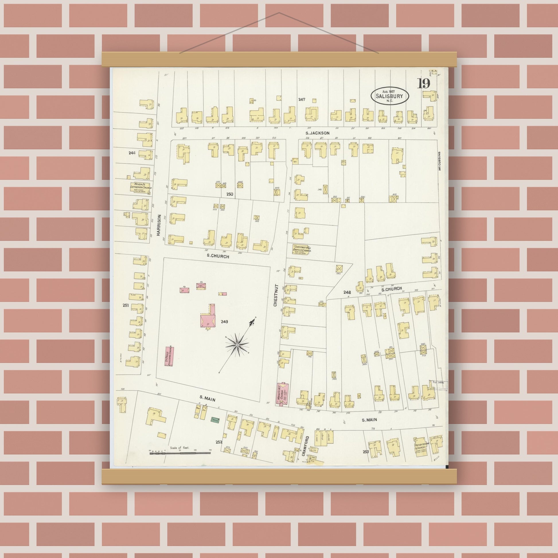 Old map wall art mockup — magnetic wood frame on brick wall — Sanborn Fire Insurance Map from Salisbury, Rowan County, North Carolina (1907), Sheet #0019