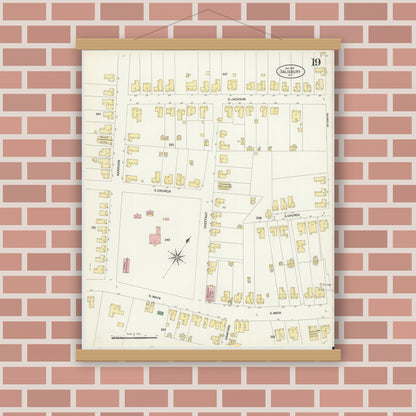 Old map wall art mockup — magnetic wood frame on brick wall — Sanborn Fire Insurance Map from Salisbury, Rowan County, North Carolina (1907), Sheet #0019