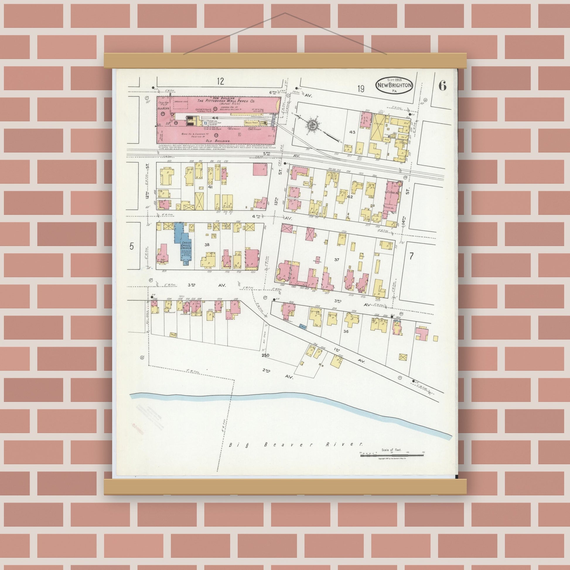 Old map wall art mockup — magnetic wood frame on brick wall — Sanborn Fire Insurance Map from New Brighton, Beaver County, Pennsylvania (1918), Sheet #0006