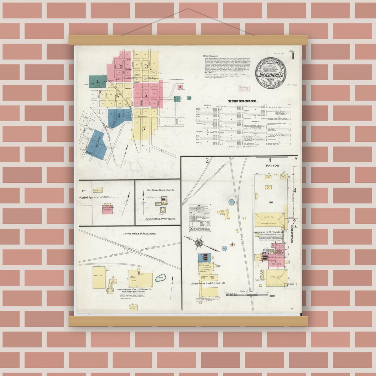 Old map wall art mockup — magnetic wood frame on brick wall — Sanborn Fire Insurance Map from Jacksonville, Cherokee County, Texas (1911) - Complete Map Set