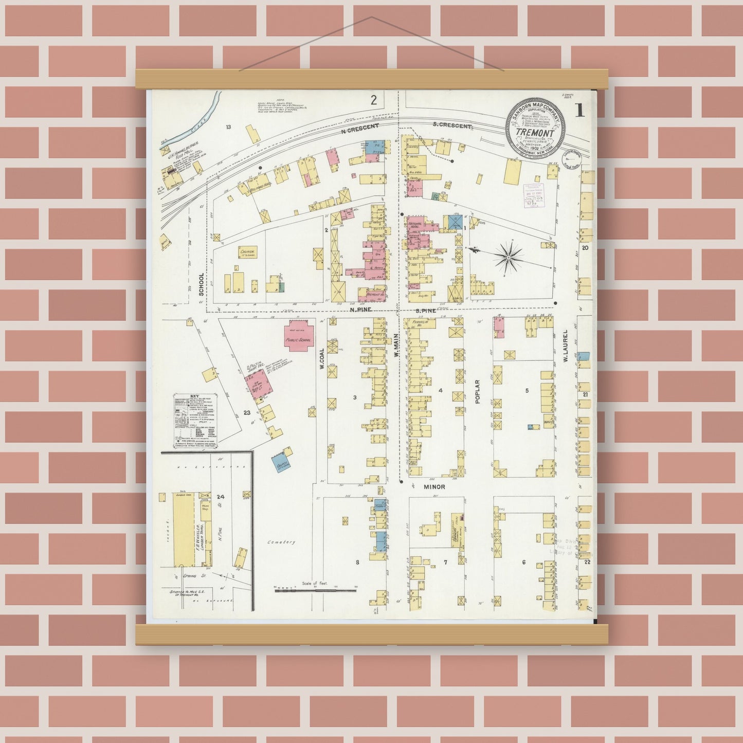 Old map wall art mockup — magnetic wood frame on brick wall — Sanborn Fire Insurance Map from Tremont, Schuylkill County, Pennsylvania (1902) - Complete Map Set