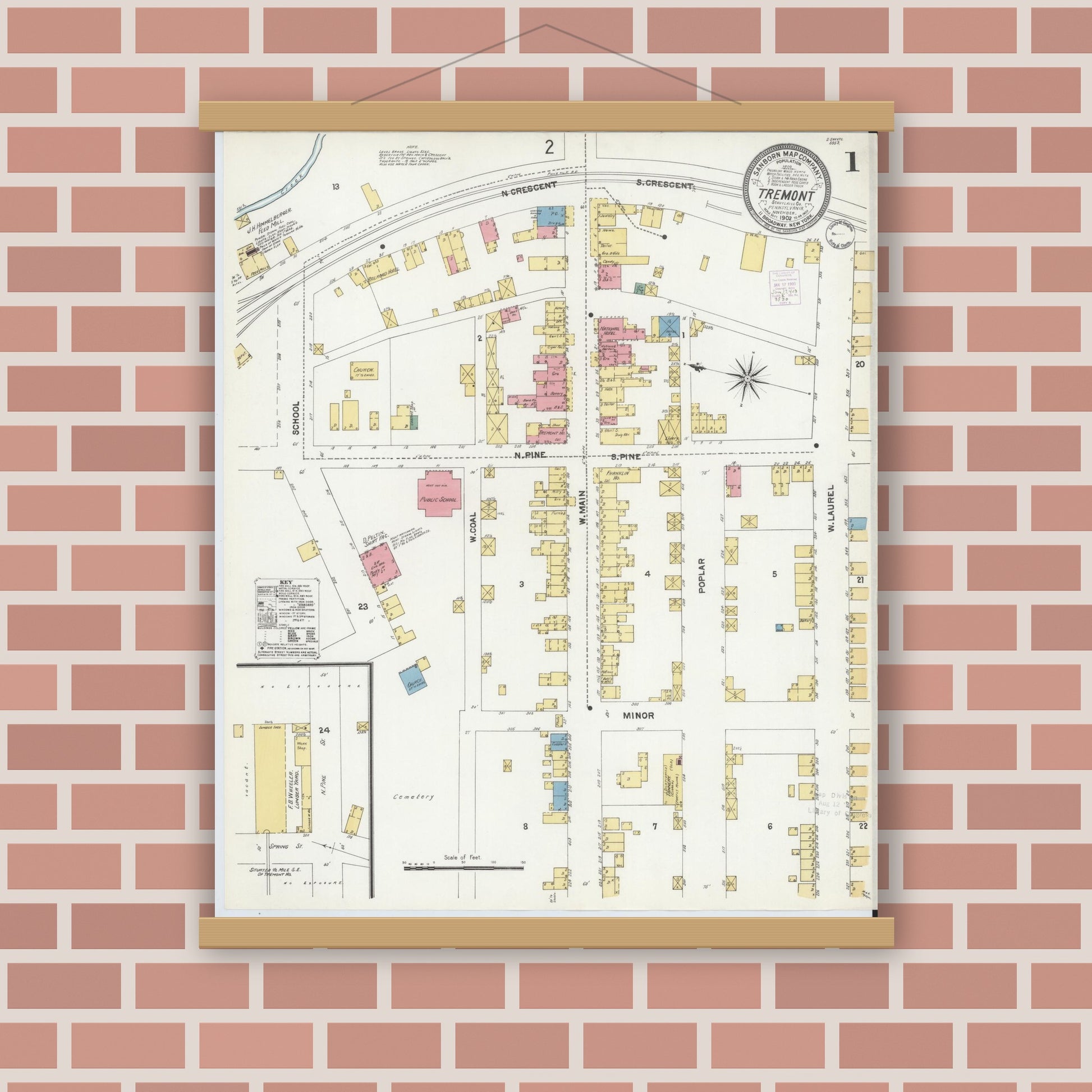 Old map wall art mockup — magnetic wood frame on brick wall — Sanborn Fire Insurance Map from Tremont, Schuylkill County, Pennsylvania (1902) - Complete Map Set