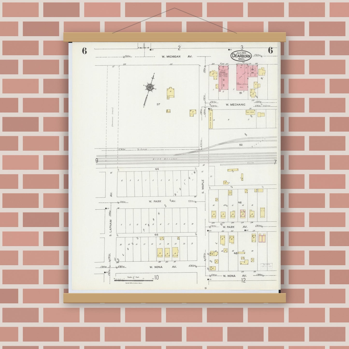 Old map wall art mockup — magnetic wood frame on brick wall — Sanborn Fire Insurance Map from Dearborn, Wayne County, Michigan (1924), Sheet #0006