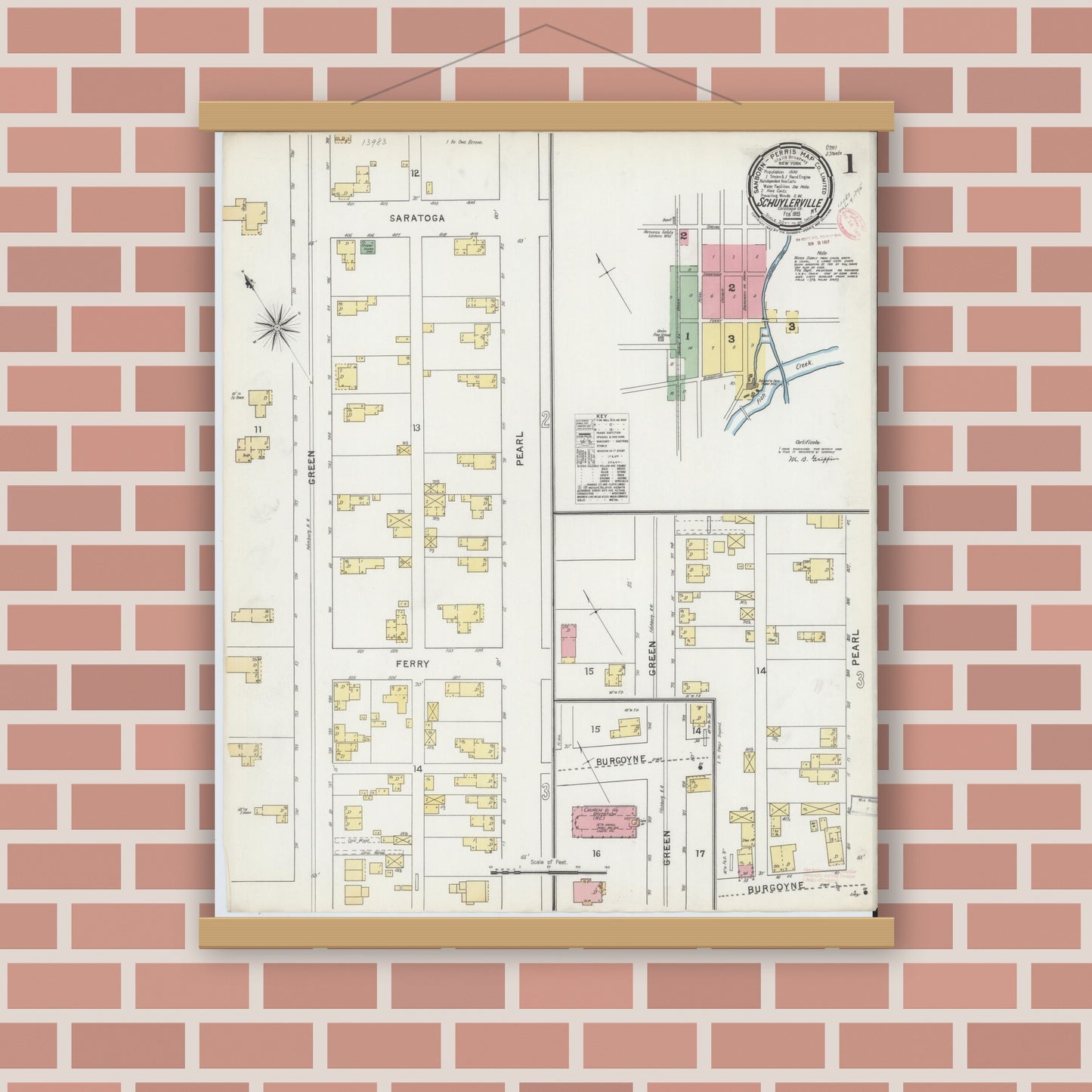 Old map wall art mockup — magnetic wood frame on brick wall — Sanborn Fire Insurance Map from Schuylerville, Saratoga County, New York (1895) - Complete Map Set