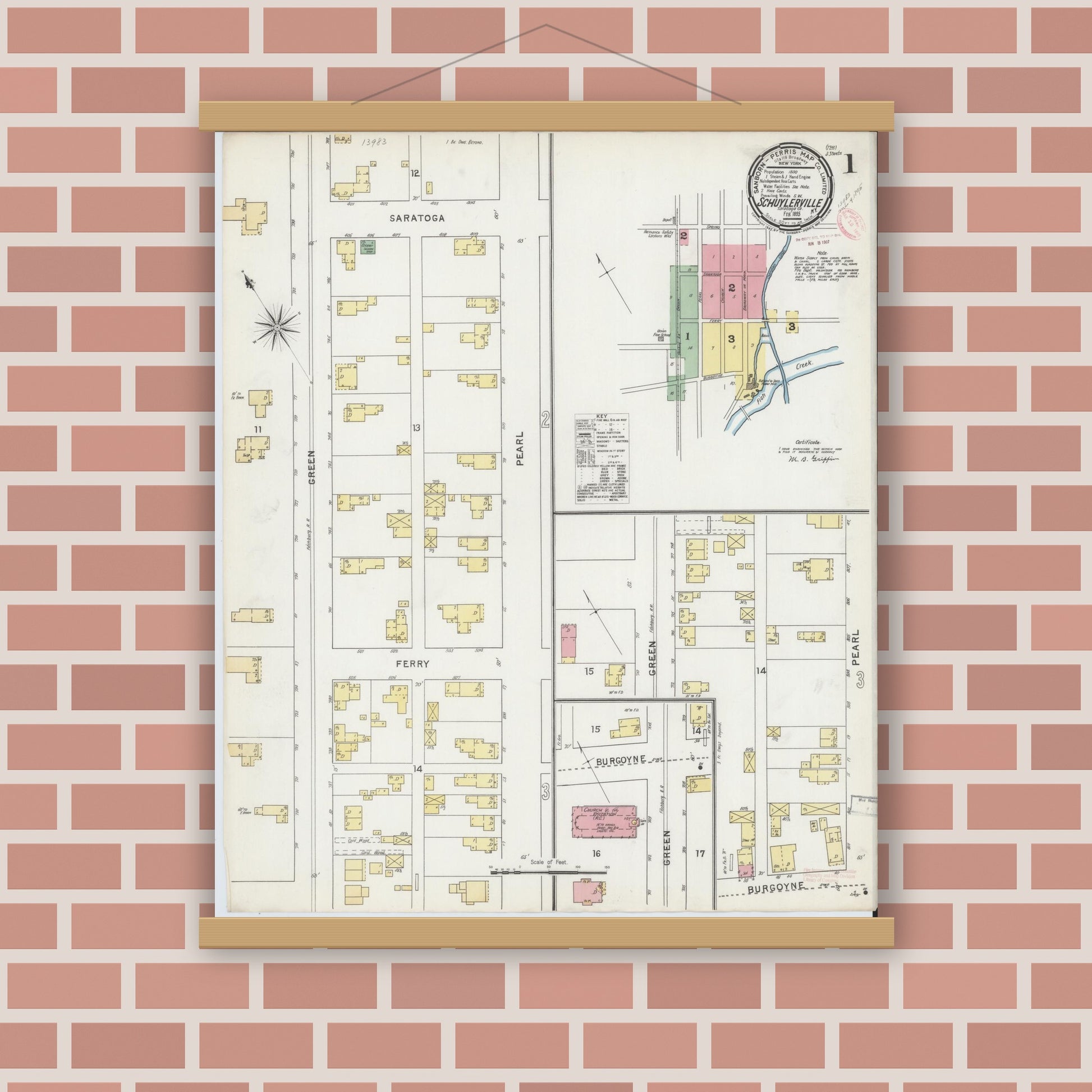 Old map wall art mockup — magnetic wood frame on brick wall — Sanborn Fire Insurance Map from Schuylerville, Saratoga County, New York (1895) - Complete Map Set