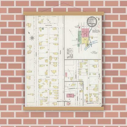 Old map wall art mockup — magnetic wood frame on brick wall — Sanborn Fire Insurance Map from Schuylerville, Saratoga County, New York (1895) - Complete Map Set