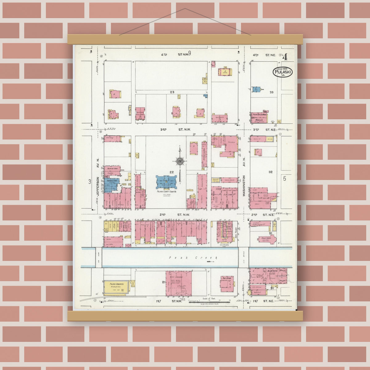 Old map wall art mockup — magnetic wood frame on brick wall — Sanborn Fire Insurance Map from Pulaski, Pulaski County, Virginia (1920), Sheet #0004