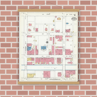 Old map wall art mockup — magnetic wood frame on brick wall — Sanborn Fire Insurance Map from Pulaski, Pulaski County, Virginia (1920), Sheet #0004
