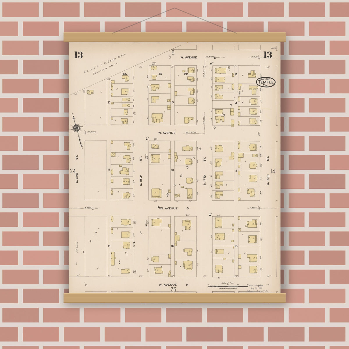 Old map wall art mockup — magnetic wood frame on brick wall — Sanborn Fire Insurance Map from Temple, Bell County, Texas (1922), Sheet #0013