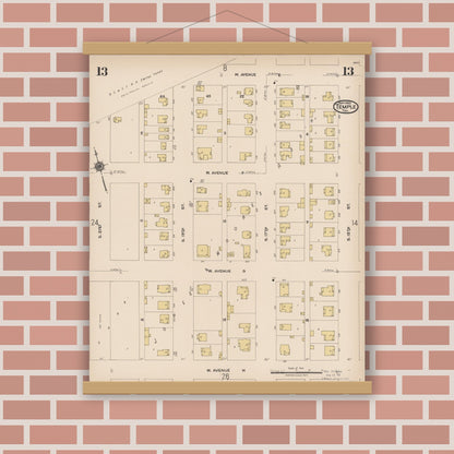 Old map wall art mockup — magnetic wood frame on brick wall — Sanborn Fire Insurance Map from Temple, Bell County, Texas (1922), Sheet #0013