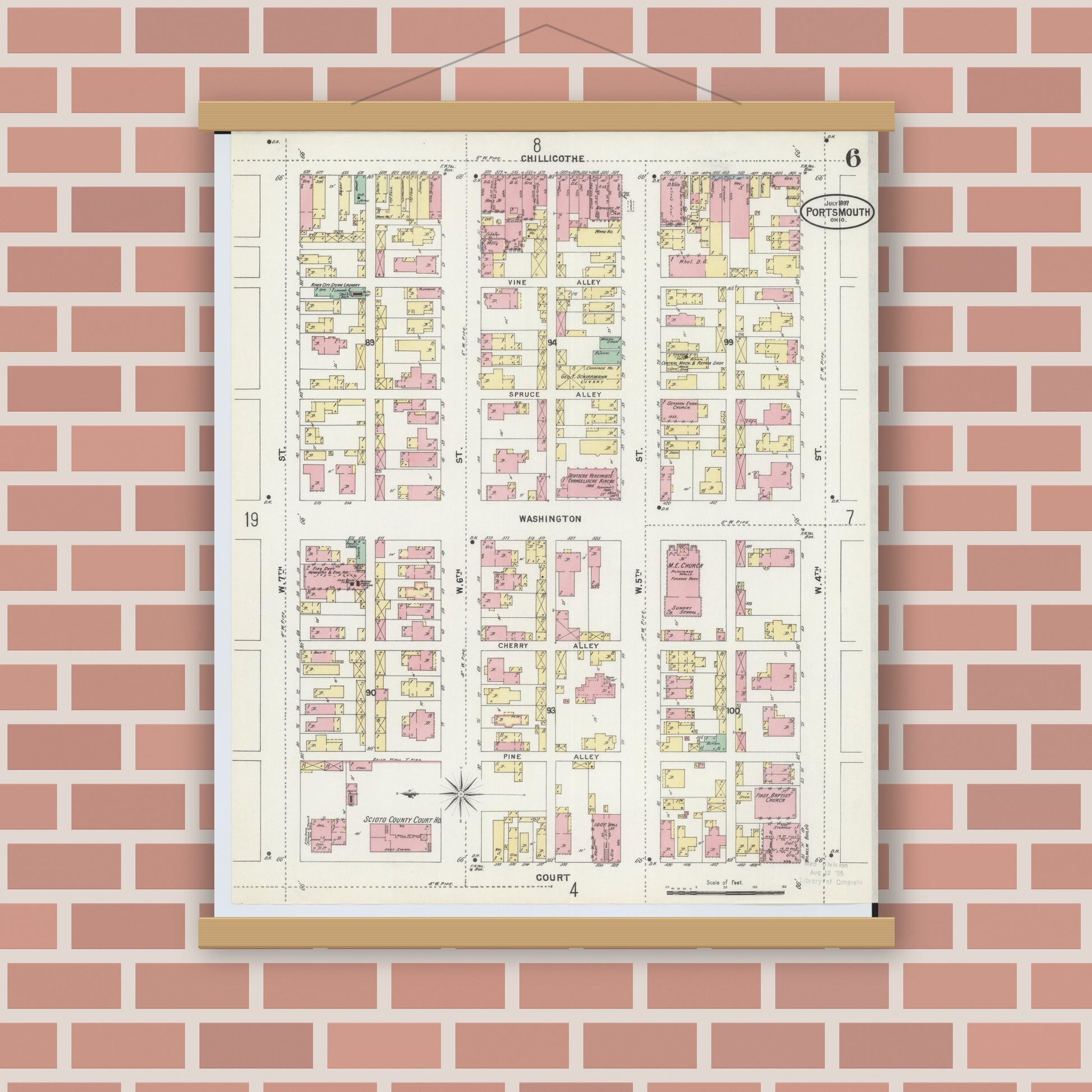 Old map wall art mockup — magnetic wood frame on brick wall — Sanborn Fire Insurance Map from Portsmouth, Scioto County, Ohio (1897), Sheet #0006