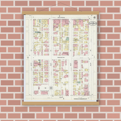 Old map wall art mockup — magnetic wood frame on brick wall — Sanborn Fire Insurance Map from Portsmouth, Scioto County, Ohio (1897), Sheet #0006